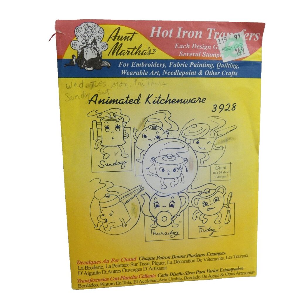 Aunt Martha's Hot Iron Transfers Animated Kitchenware #3928 Needlework Embroider